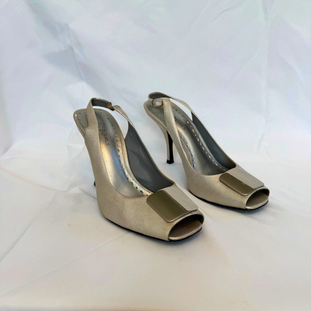 BCBGirls Women's Silver Buckle Slingback Heels Size 8.5